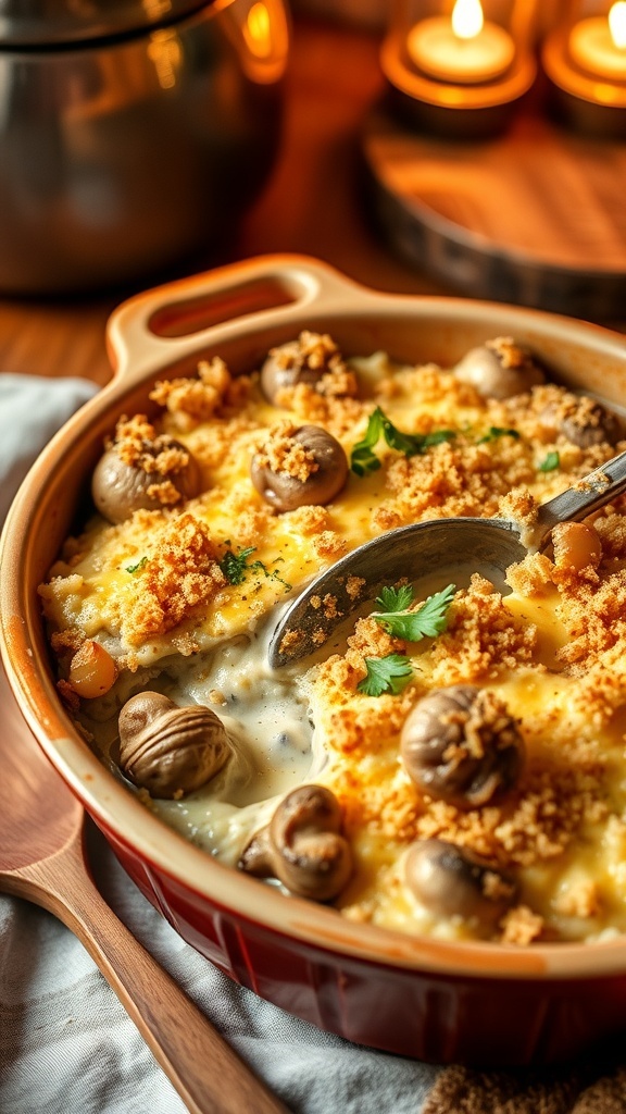 A golden-brown mushroom casserole with cheese and breadcrumbs, garnished with parsley, in a rustic dish.